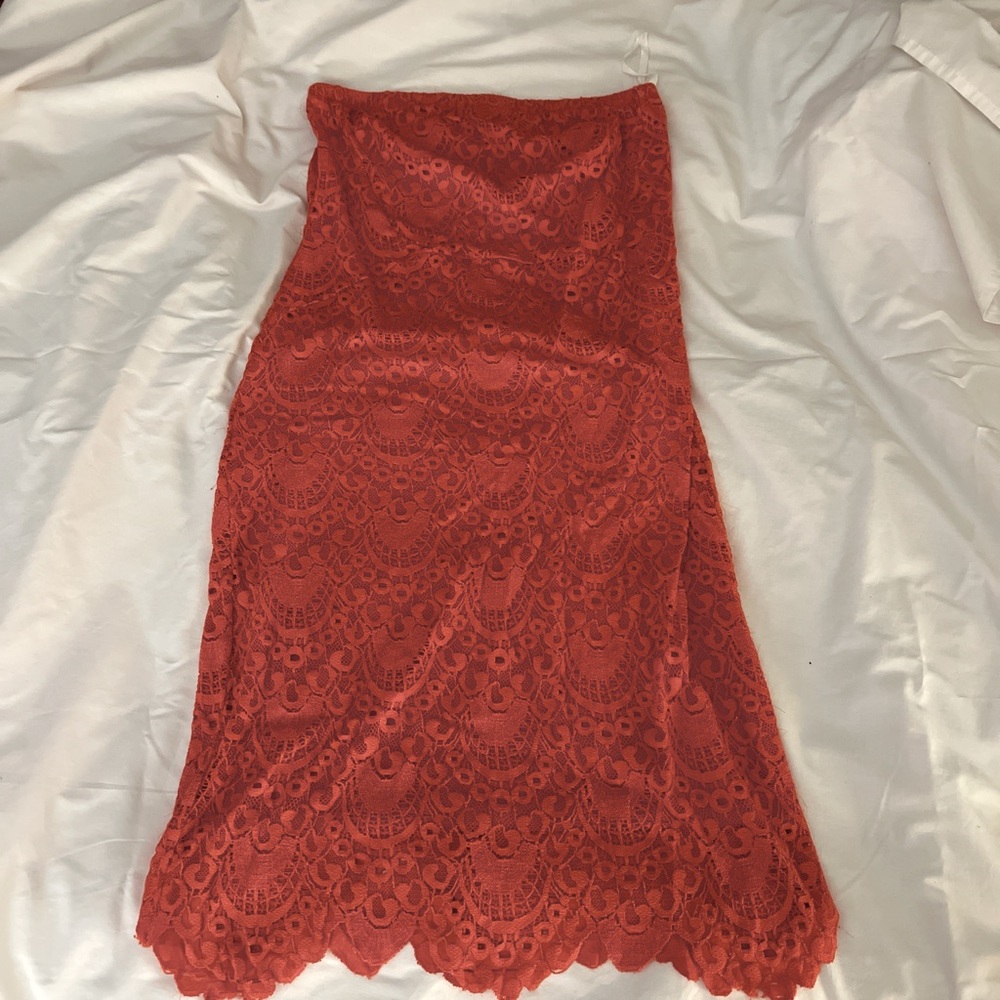Burnt orange/ coral lace strapless dress